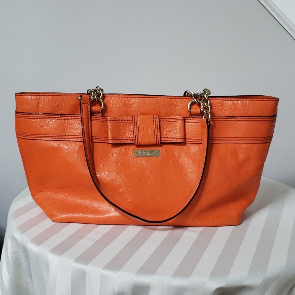 Kate Spade Handbag Rose Ave Ostrich Embossed Satchel Link Handles Orange